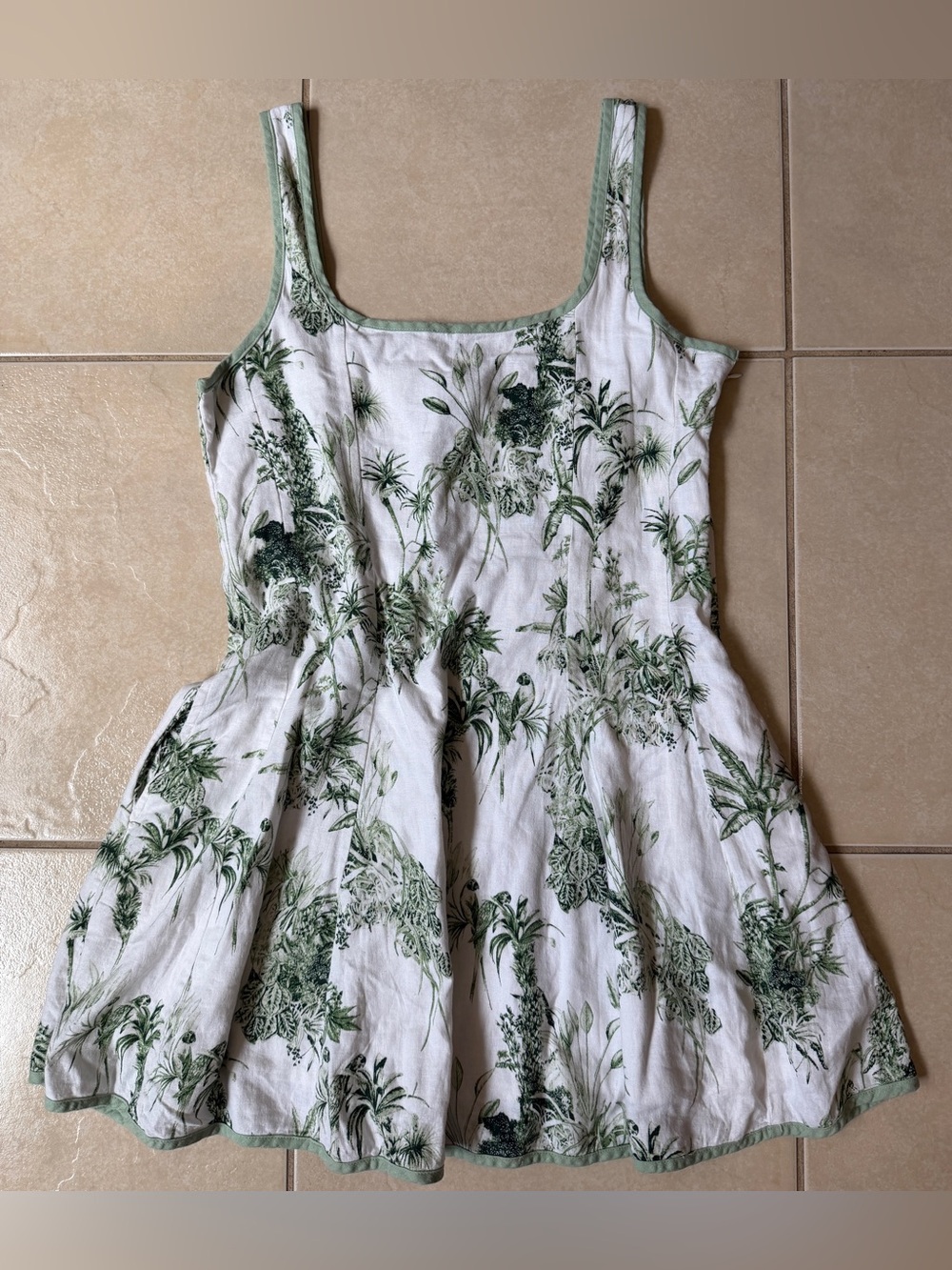 Rachel Zoe Green White Tropical Palm Linen Blend Mini Sun Dress Size 10 Lined